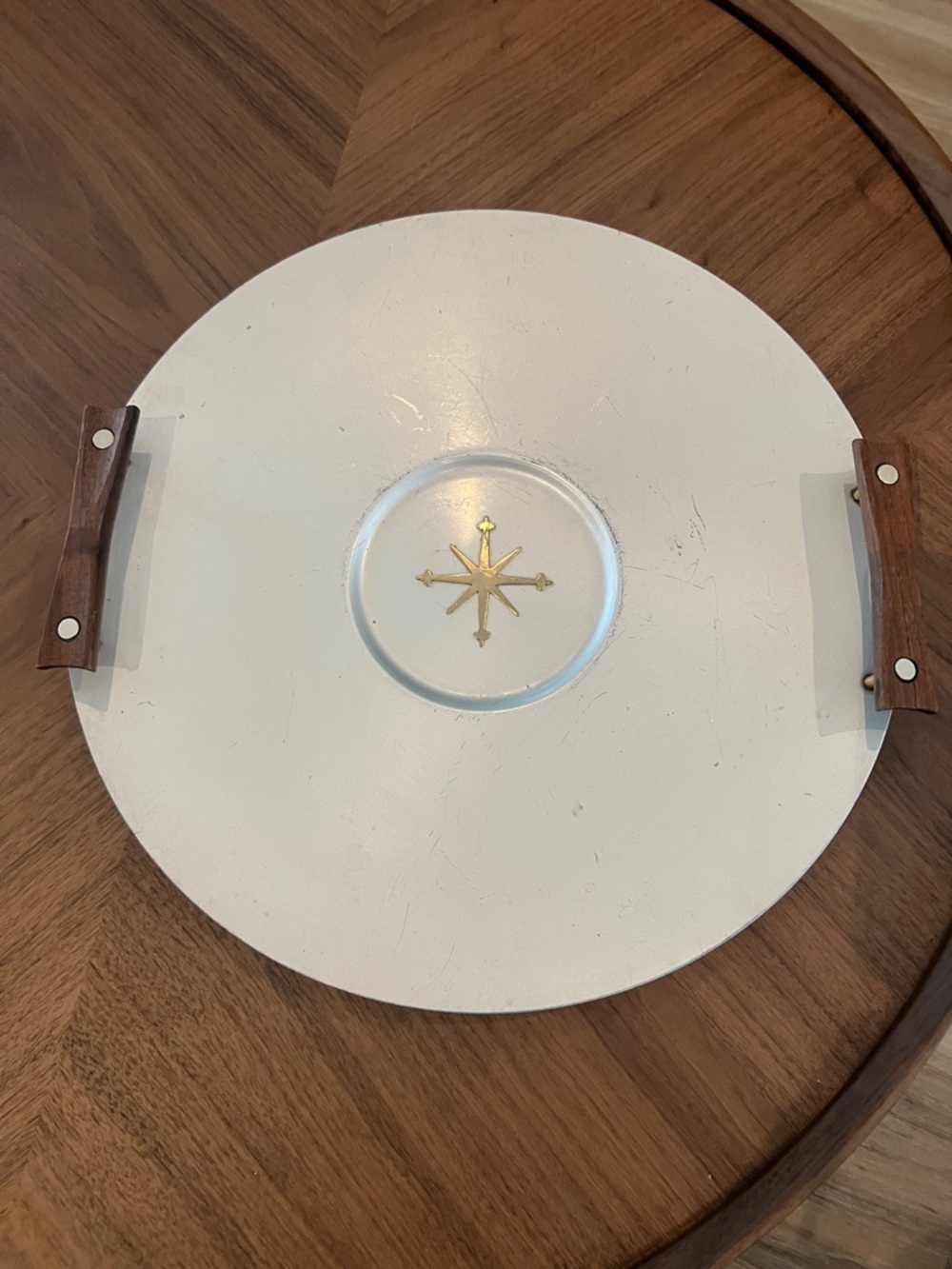 White Decorative Round Serving Tray with Gold Star Accent and Wood Handles